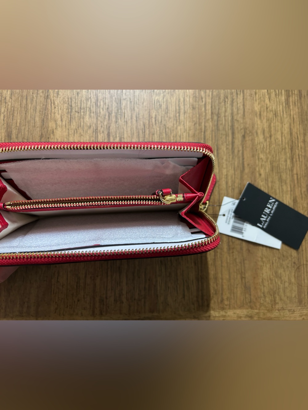 Lauren Ralph Lauren Red Zip-Around Leather Wallet with Gold RL Logo - Picture 2 of 3